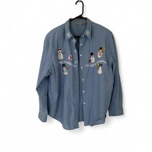 Women's retro embroidered snowman button up denim by falls creek size 22w 2xl2